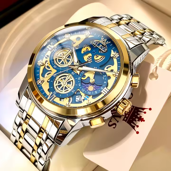 Reloj De Pulsera Para Hombre OLEVS Lujo Impermeable Cuarzo Estilo Esqueleto Dorado 24 Horas Día Noche Resistente Al Choque Y Luz - 1