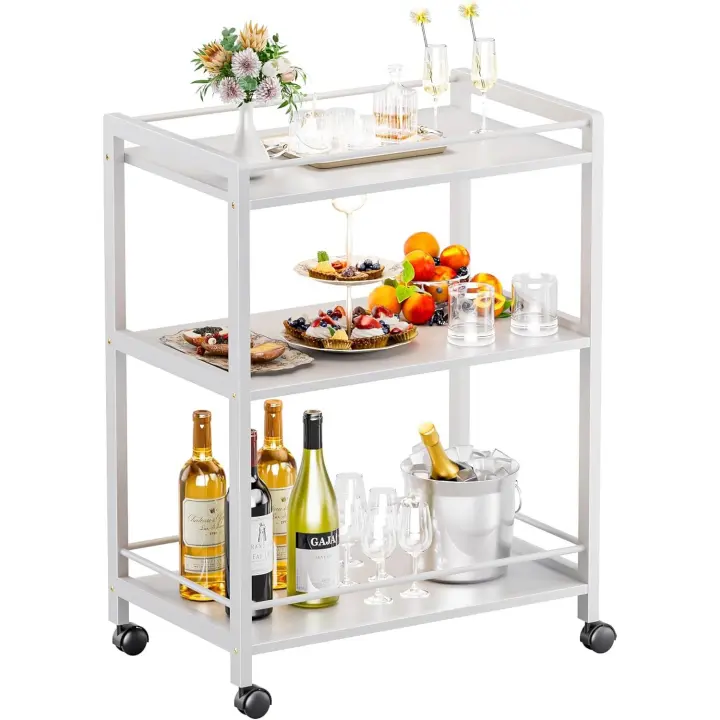 Carrito de Bar Blanco, Carrito de Servicio, Carrito de Cocina de 3 Niveles con Ruedas y Almacenamiento, Carrito de Bebidas Alcohólicas para Comedor Sala de Estar - 1