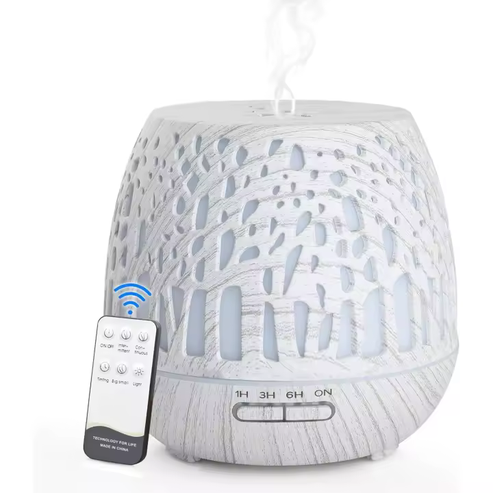 Humidificador Ultrasónico y Difusor de Aroma 400ml, atomizador de Fragancia ultrasónico LED con Control Remoto-Bosque Tallado, MarrónClaro - 1