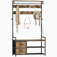 HOMCOM Perchero Zapatero 6 en 1, Perchero Entrada Recibidor con Banco, Zapatero Doble, 10 Ganchos Ajustables, 2 Cajones, Barra Colgante, Estilo Industrial, para Pasillo, 100x40x180 cm, Marrón Rústico - details 0