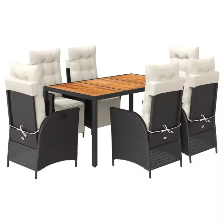 vidaXL Set de comedor de jardín 7 pzas y cojines ratán sintético negro - 1