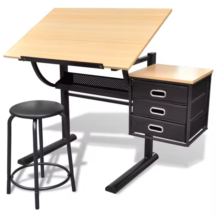vidaXL Escritorio inclinable con tablero de dibujo y taburete mesa de dibujo - 1