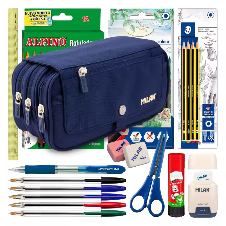 ColePack Milan - Estuche Triple de 3 Cremalleras y Material Escolar Incluido. Azul 1918 - 1