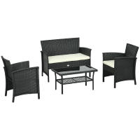 Outsunny Conjunto de Jardín de Ratán Sintético Juego de 4 Piezas Muebles de Jardín con 2 Sillones 1 Sofá Doble 1 Mesa de Centro con Tablero de Vidrio y Cojines Negro y Crema - details 0