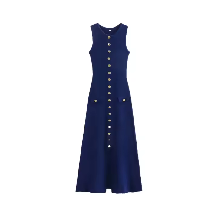 Vestido Midi Tejido De Mujer TRZA Chic Con Botones Dorados Estilo Casual Cuello Redondo Sin Mangas Silueta Recta Talla Media Estación Universal - 1