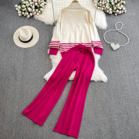 Conjunto De Ropa De Mujer REALEFT Otoño Invierno 2 Piezas Traje De Pista Tejido Con Cuello Alto Rayado Y Pantalones Rectos Polyester Estilo Casual - details 29