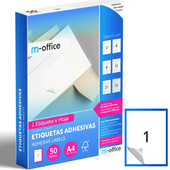 M-office Etiquetas Adhesivas A4 compatible con Label Printer, Pegatinas Blancas Adhesivas para Uso Diario, Papel Adhesivo para Imprimir, Pegatinas para Escribir (1 por hoja, 50h) - 1