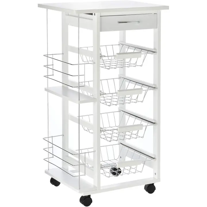 Carrito de Cocina con Ruedas Carro Multiusos con Cajón 4 Cestas Extraíbles de Metal y Bastidores Laterales 47x37x83 cm Blanco - 1