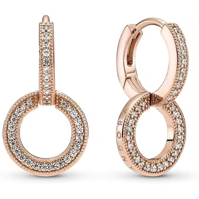 Pendientes de aro doble brillante con firma Pandora y circonita cúbica transparente，Incluye Caja Original - 1