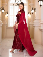Vestido De Noche Elegante Romagic Para Mujer Con Pelo De Mariposa Desmontable Y Mangas Fluídas De Lentejuelas Vestido De Cumpleaños Y Baile De Prom 2025 Sin Cinturón - details 1