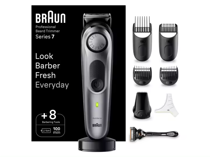 Braun Series 7 BT7420 recortadora de barba  con ProBlade, dial de precisión, 8 accesorios de barbero, 100 minutos de autonomía, gris - 1