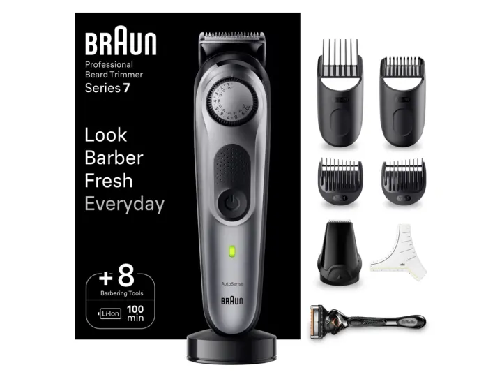 Braun Series 7 BT7420 recortadora de barba  con ProBlade, dial de precisión, 8 accesorios de barbero, 100 minutos de autonomía, gris - 1