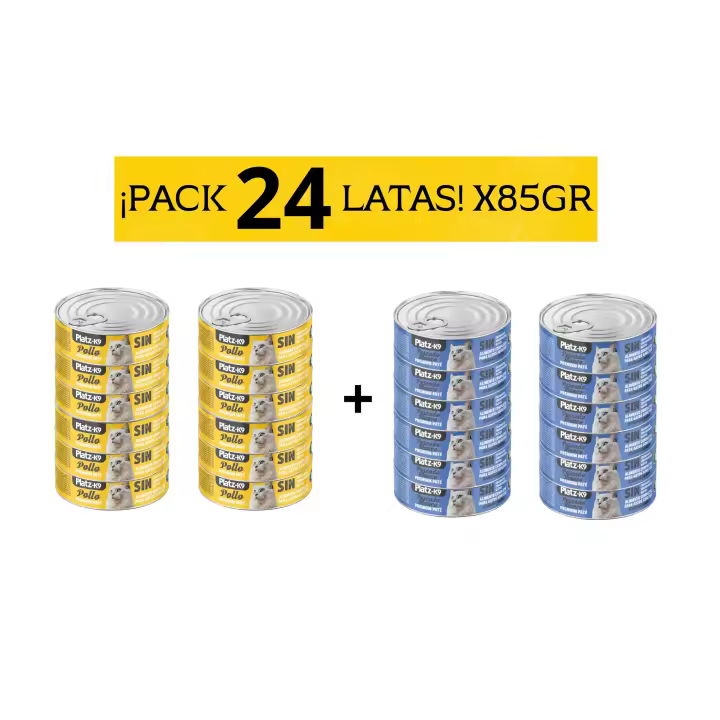 Pack de 24 latas de comida para gatos, combinables con diferentes sabores -85gr ¡Ideal para consentir a tu felino! Platz K9 S.L. - 1