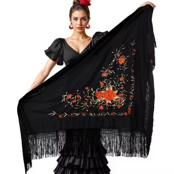 Mantón Negro Bordado Rosas (Partilandia) - 1