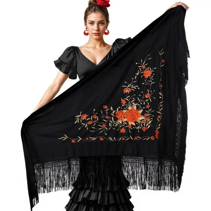 Mantón Negro Bordado Rosas (Partilandia) - 1