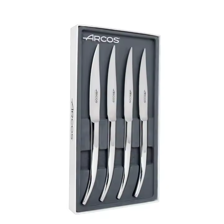 Arcos Serie Cuchillos de Mesa - Set de 4 Cuchillos Chuleteros con Filo Liso - Monoblock de Acero Inoxidable de 110 mm - Cuchillo Monoblock Acero Inoxidable Color plata - 1