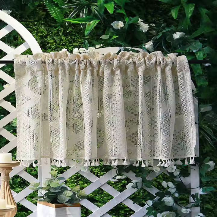 Cortinas Transparentes Vintage Con Borlas Para Cocina Cortina De Voile Bohemia Hueca Panel Corto Con Bolsillo Para Varilla - 1