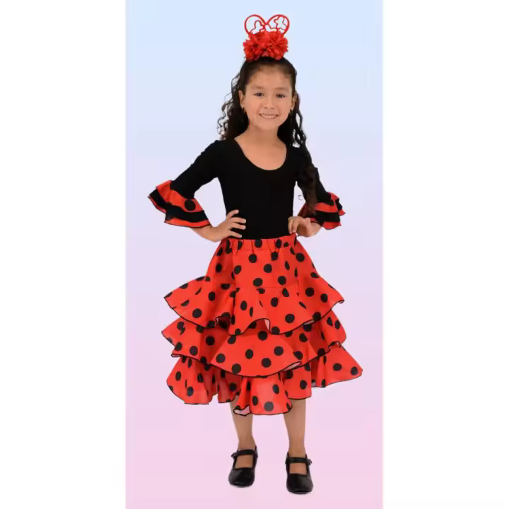 Falda Flamenca para Niña con Diseño de tres volantes rojos con topos negros anuka - 1