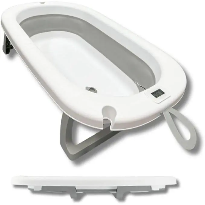 BATHBY Bañera Bebé Plegable Portátil con Termómetro Integrado, Apta para Bebé Recién Nacido, Patas Antideslizantes, Tapón de Seguridad, Diseño Ergonómico (Gris sin cojín) - 1