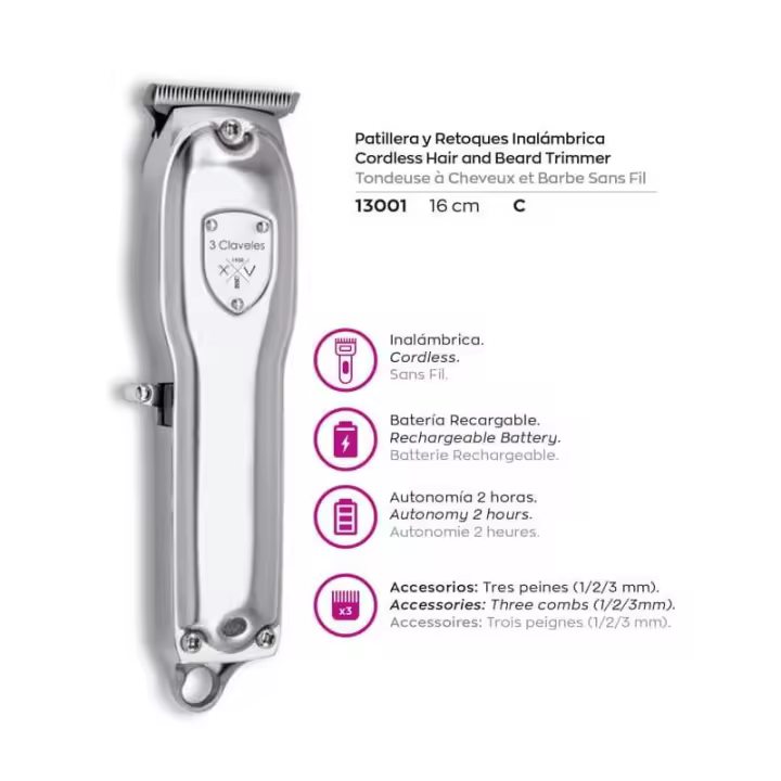 3 claveles Máquina Cortapelo Patillera Inalámbrica con Batería Recargable y Tres Peines - 1
