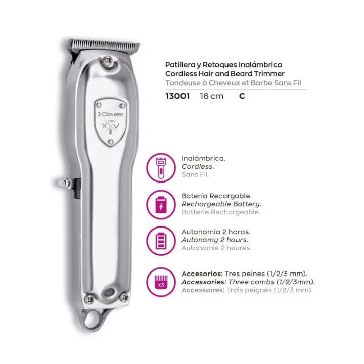 3 claveles Máquina Cortapelo Patillera Inalámbrica con Batería Recargable y Tres Peines - 1