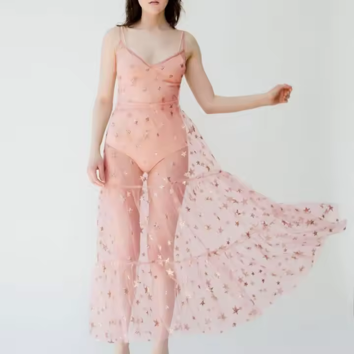 Vestido Sin Mangas De Encaje Con Estampado De Estrella Para Mujer Vestido De Playa De Verano Con Cuello En V Y Tirantes Ajustado Al Cinturón Largo Hasta La Rodilla - 1