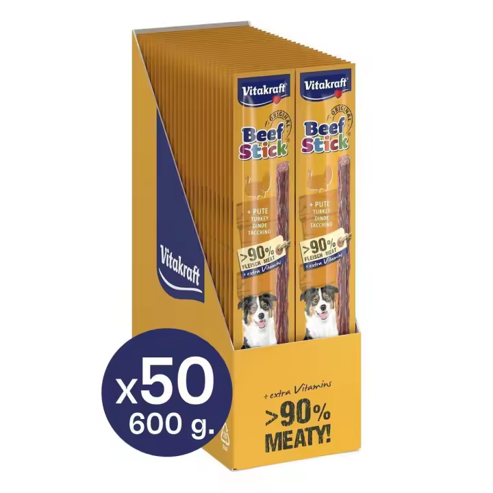 VITAKRAFT - Beef Stick Snack en Stick Para Perros Sabor Buey o Pavo Alto en Carne, Gluten Free y Sin Azúcar (Pack 50x12g) - 1