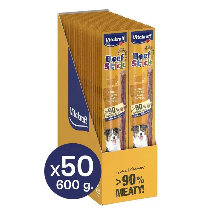 VITAKRAFT - Beef Stick Snack en Stick Para Perros Sabor Buey o Pavo Alto en Carne, Gluten Free y Sin Azúcar (Pack 50x12g) - 1