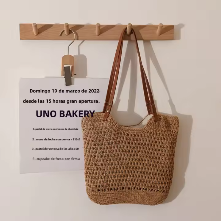 Bolso De Hombro Retro De Verano Con Bloque De Colores Y Hueco Bolso De Tela De Cuero Con Correa Tejida Gran Capacidad Casual - 1