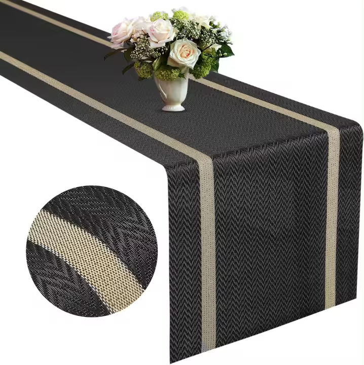 Camino de mesa de vinilo tejido Camino de mesa negro Tejido con hilos dorados 71x12 in Camino de mesa de comedor impermeable y lavable - 1