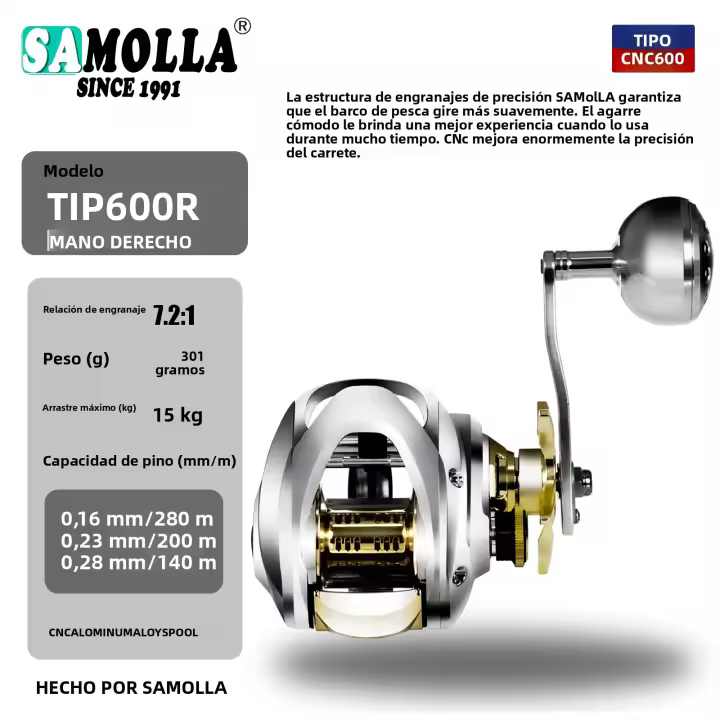 Carrete De Pesca Baitcasting SAMOLLA En Aleación De Aluminio Con Caja Y Base Impermeable Para Pesca En Oceano Y Río 6.4:1 16KG De Arrastre - 1