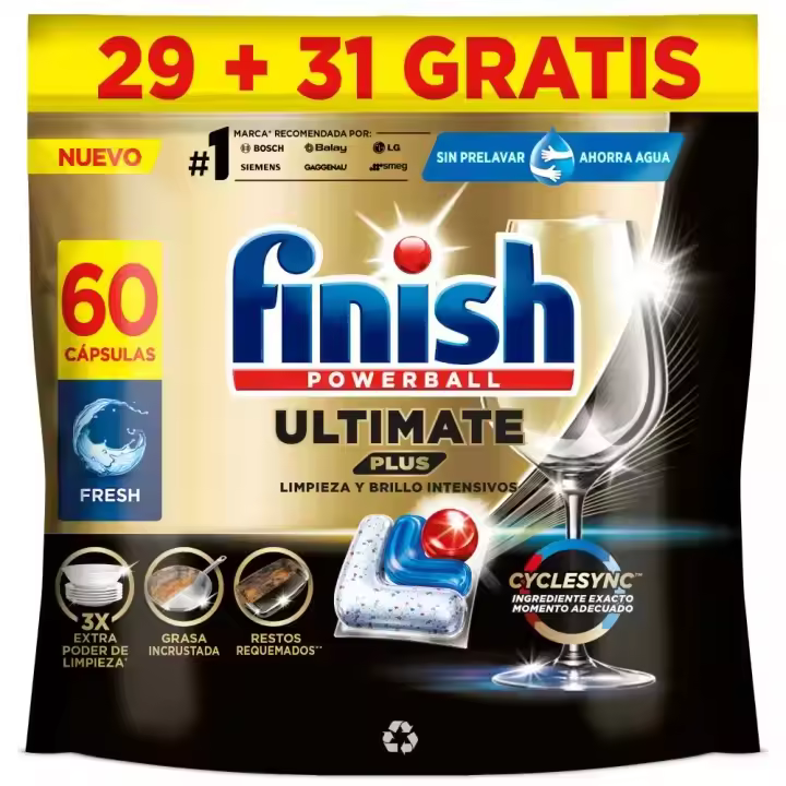 Finish Powerball ULTIMATE PLUS ALL IN 1 x60 x120 x180 x240 Pastillas para Lavavajillas, Limpieza Intensiva, Elimina Restos Quemados, Brillo Diamante, Cuida y Protege - 1