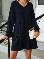 Vestido Largo Suelto Para Mujer Con Manga Larga Y Costuras En Color Sólido Moda Europea Y Americana Para Otoño E Invierno Cuello V Estilo Casual - details 6
