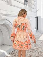 Vestido Elegante Para Mujer Con Manga Larga Y Cuello En V Estampado Con Cierre De Lazo Vestido Corto De Verano A-Line Regular Fit Polyester - details 0