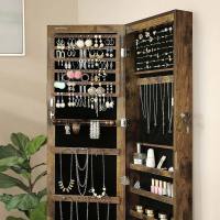 Espejo joyero con armario y luz led, montaje en puerta o pared, con cerradura, 2 cajones, organizador elegante de joyería en gris o marrón rústico, perfecto para dormitorio y habitación - details 9
