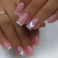 24PCS Uñas Postizas Presionadas Cortas Rosa Cuadradas Diseño De Amor Uñas Postizas Francesas Con Brillo Uñas Lindas Para Fiesta - details 24
