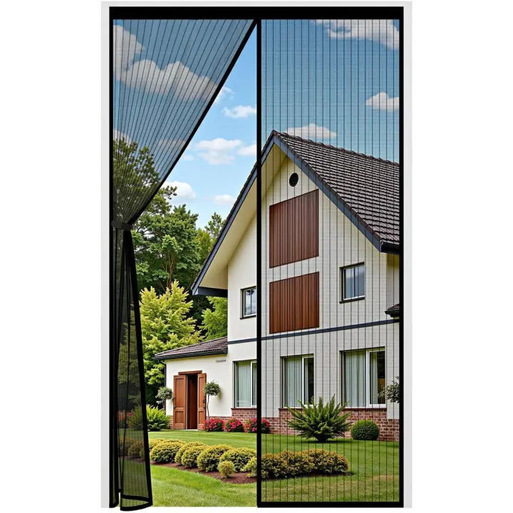 Auxmir Mosquitera Puerta Magnética, 90x210CM, Cortina Mosquitera Exterior Antimosquitos Imantada Cierre Automático Malla de Poliéster, con Imanes para Balcón Corredera Terraza, Negro - 1