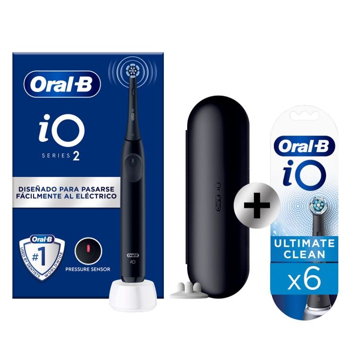 Oral-B iO 2 Cepillo Eléctrico Negro con 1+6 recambios y funda de viaje, Edición regalo, Productos Europeos con Garantía Oficial.