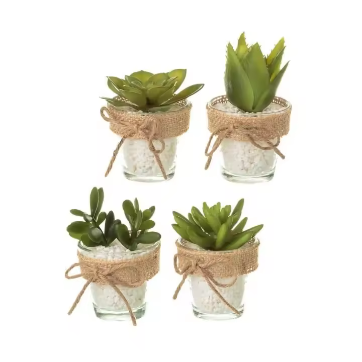 Dcasa Set de 4 plantas artificiales de cactus verdes con maceta de cristal - 1