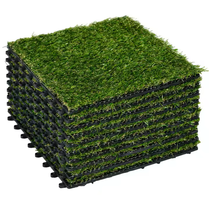 Outsunny Césped Artificial de 10 Piezas Alfombra Césped Artificial 30x30 cm con Altura de Hierba 20 mm Anti-UV Césped Sintético para Jardín Patio Balcón Verde Oscuro - 1