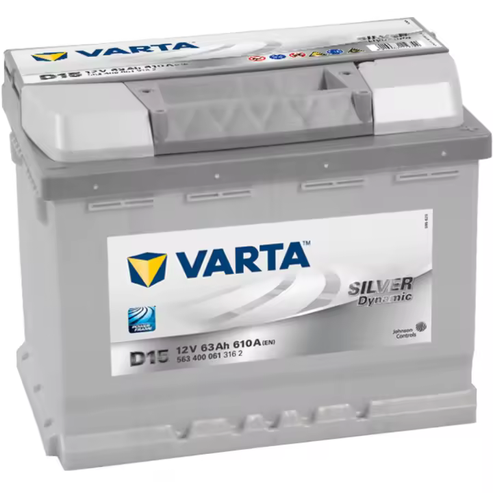 Batería de Coche VARTA D15 Silver Dynamic 12V 63Ah 610A + Alta Potencia de Arranque - Resistente a la Corrosión - Larga Duración - 1