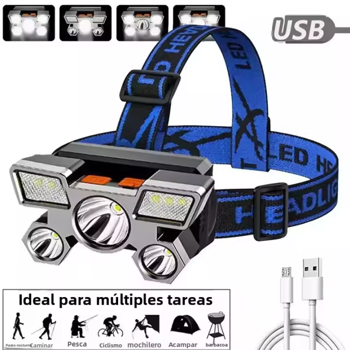 Linterna De Poderoso Haz Frontal LED Recargable Para Minería Lámpara De Cabeza Portátil Para Senderismo Pesca Resistente Al Agua Con Modos De Interruptor High/Middle/Low - 1