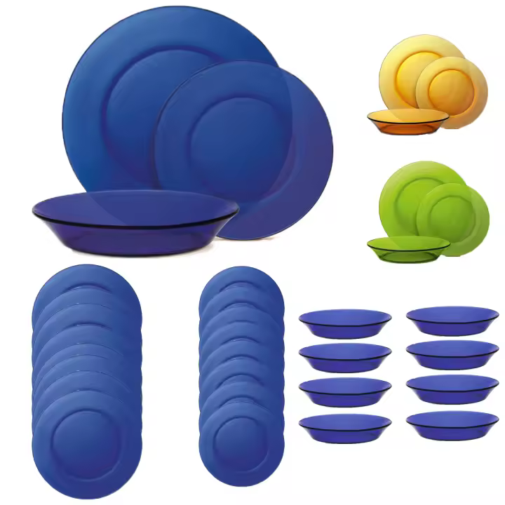 Vajilla de cristal 24 piezas Platos Lys de Duralex Plato Hondo, Plato Llano, Fruta o Postre, azul, verde, ámbar y marina - 1