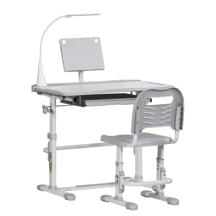 HOMCOM Juego de Escritorio y Silla para Niños de +6 Años Pupitre Infantil con Altura Ajustable Mesa Inclinable Cajón Lámpara LED y Portalápices 80x49,5x82-104 cm y 35,5x43,5x63-73 cm - 1