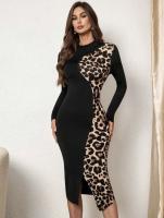 Vestido Slim De Impresión De Leopardo Con Cinturón Y Manga Larga De Cuello Redondo Versátil Y Estilizado Para Mujeres - details 5