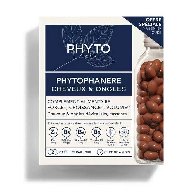 🎀 Phyto Phytophanere - Suplemento alimenticio para el cabello y las uñas - 4 meses de tratamiento - En cápsulas de 120 + 120