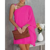 Vestido De Hombros Descubiertos Para Mujer Verano Estampado Moderno Con Cuello Diagonal Y Manga Bate Con Cordón Metálico Vestido Suelto De Color Sólido Para Oficina - details 0
