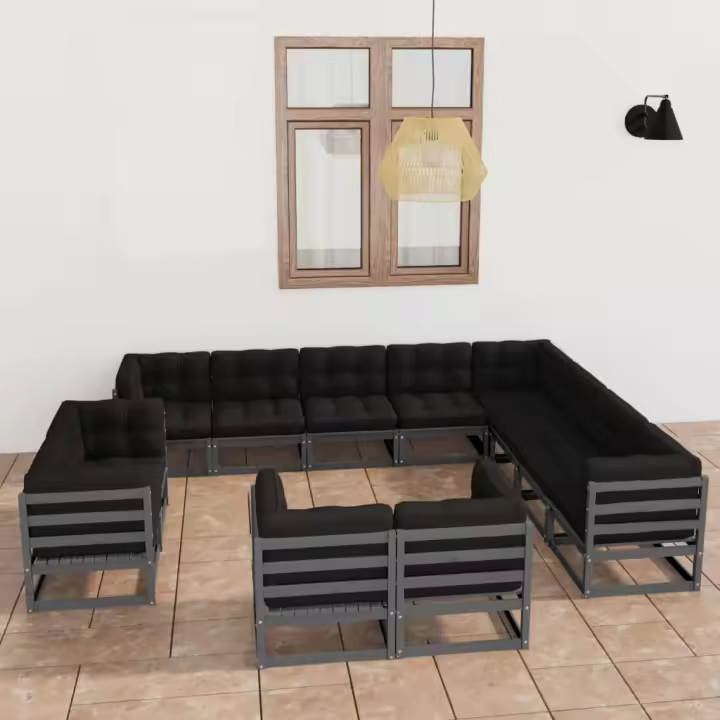 vidaXL Set de muebles de jardín 12 pzas con cojines madera pino gris - 1