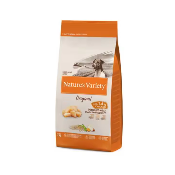 NATURES VARIETY ORIGINAL POLLO PARA PERROS MINI 7 Kg. Ricoennutrientesydeliciosoensabor para unanutriciónóptimasincomprometerlasaluddetumascota.¡Asegúraleelmejorcuidado! - 1