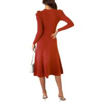 Vestido Casual Diario Para Mujer Con Mangas Burbuja Cintura Alta Ajustada Y Volante Medio Largo De Tejido Knit Moda Avanzada Y Única - details 8